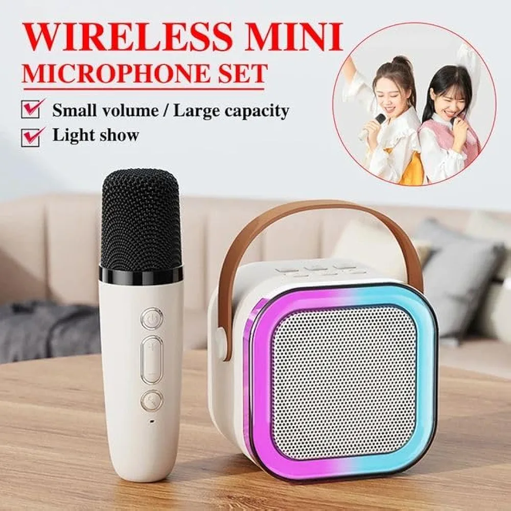 🌈 سیستم کارائوکه رنگی K12 | اسپیکر بلوتوثی قابل حمل با میکروفون بی‌سیم و نورپردازی LED