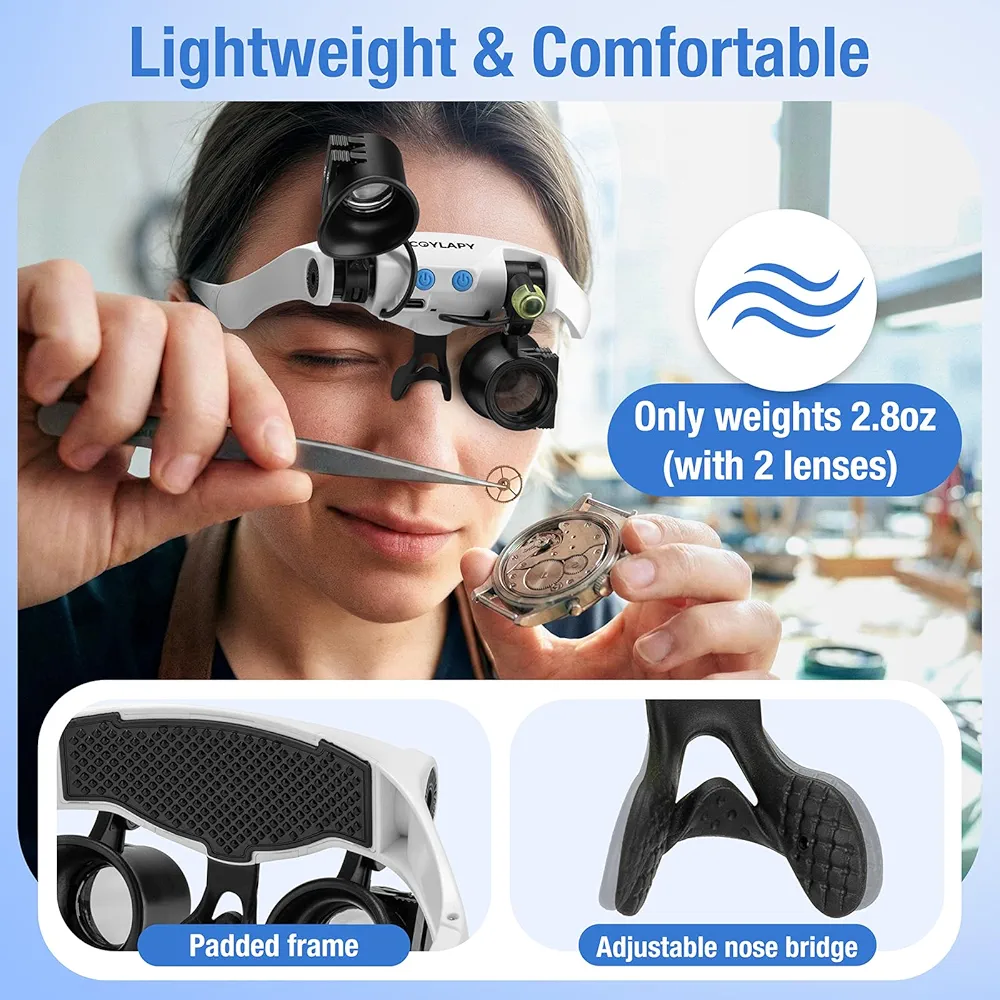 ذره‌بین عینکی COYLAPY مدل شارژی LED با ۱۴ لنز قابل تعویض (بزرگنمایی 3X تا 16X) مناسب تعمیر ساعت، جواهرسازی، سکه و کارهای ظریف مدل RJS223 اورجینال آمازون