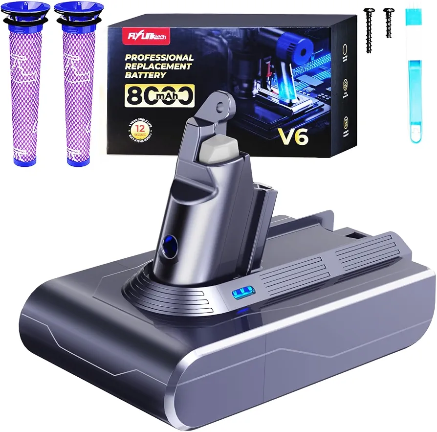 باتری جایگزین 8000 میلی‌آمپرساعت FLYLINKTECH برای جارو شارژی Dyson V6 | سازگار با سری DC58 تا DC74