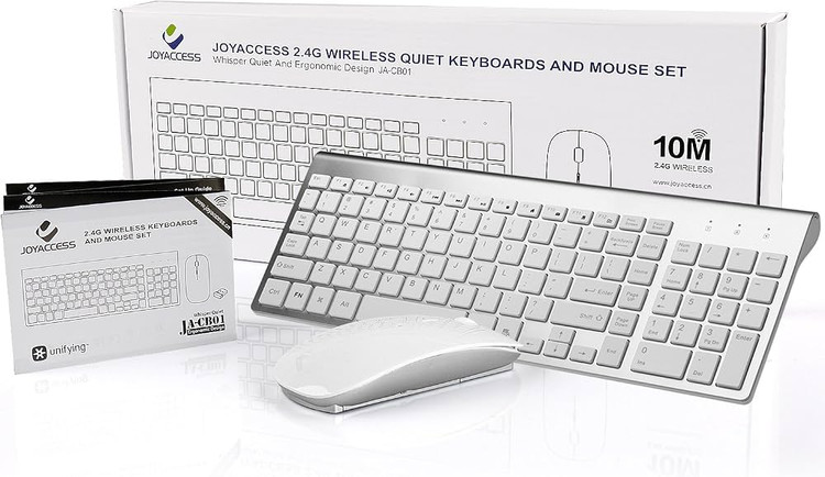 ️🖱️ کیبورد و ماوس بیسیم JOYACCESS، فولسایز، بیصدا و ارگونومیک – نقرهای
