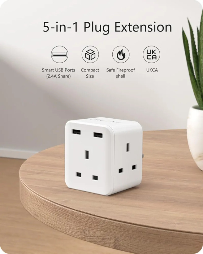 چندراهی برق LENCENT مدل Cube با ۳ خروجی برق و ۲ پورت USB، آداپتور دیواری ۵ کاره