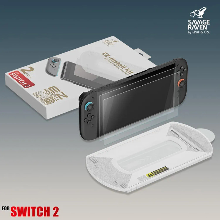 محافظ صفحه نمایش شیشهای Nintendo Switch 2 مدل Savage Raven by Skull & Co. با نصب آسان EZ-Install – بسته ۲ عددی