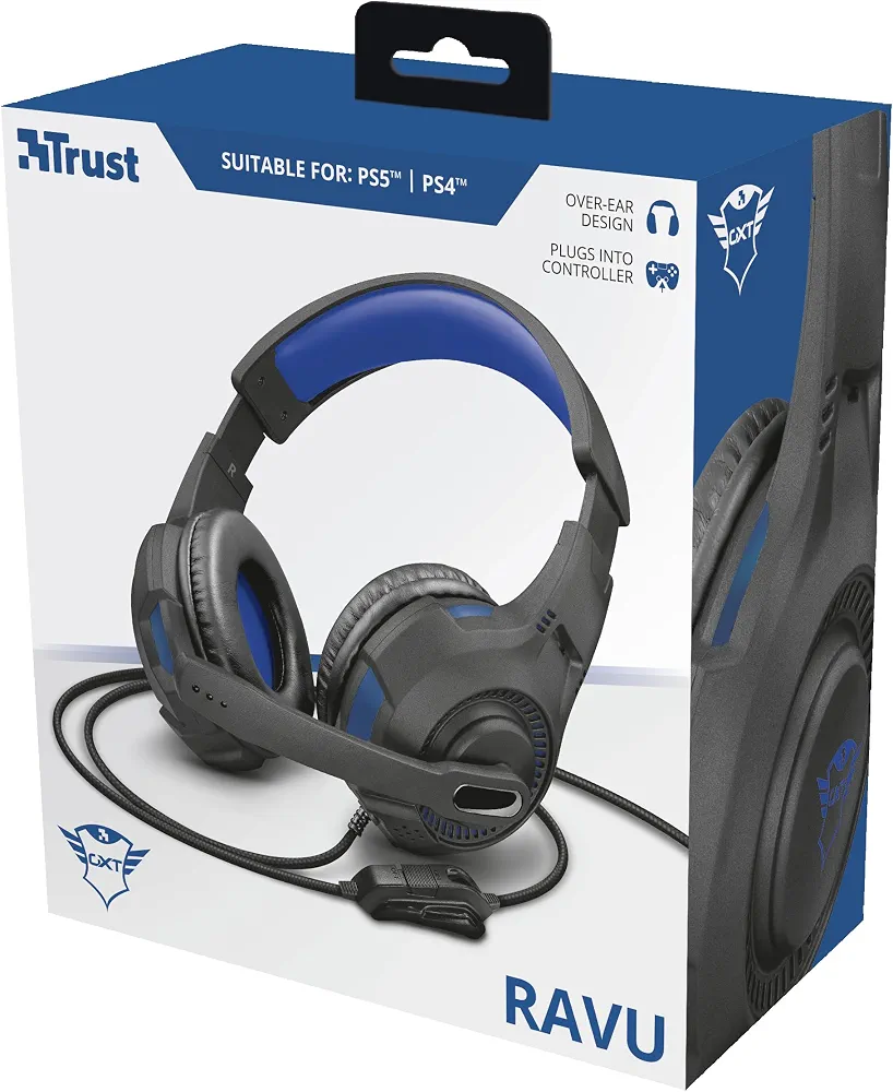 هدست گیمینگ تراست مدل Trust Gaming GXT 307B Ravu مناسب PS4 و PS5 با میکروفون قابل تنظیم و کابل ۲ متری – آبی