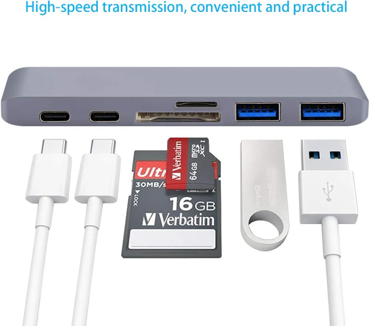 هاب USB هفت پورت QGT مدل 7در ۱ با بدنه آلومینیومی، HDMI، دو USB 3.0، دو USB-C و TF وSD