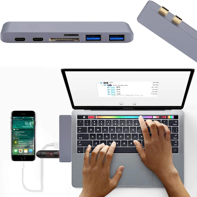 هاب USB هفت پورت QGT مدل 7در ۱ با بدنه آلومینیومی، HDMI، دو USB 3.0، دو USB-C و TF وSD