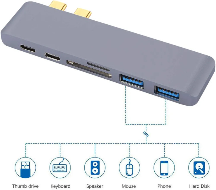 هاب USB هفت پورت QGT مدل 7در ۱ با بدنه آلومینیومی، HDMI، دو USB 3.0، دو USB-C و TF وSD
