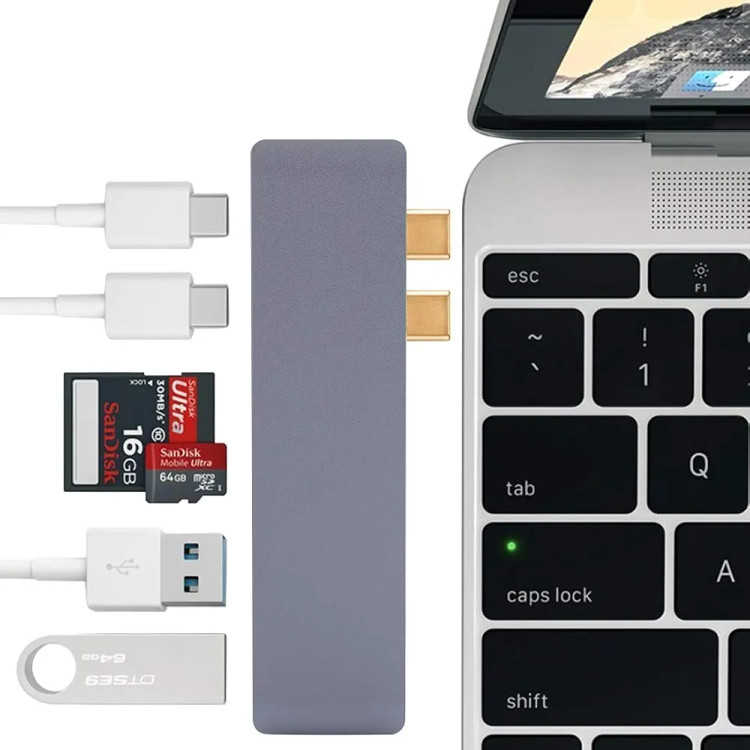 هاب USB هفت پورت QGT مدل 7در ۱ با بدنه آلومینیومی، HDMI، دو USB 3.0، دو USB-C و TF وSD