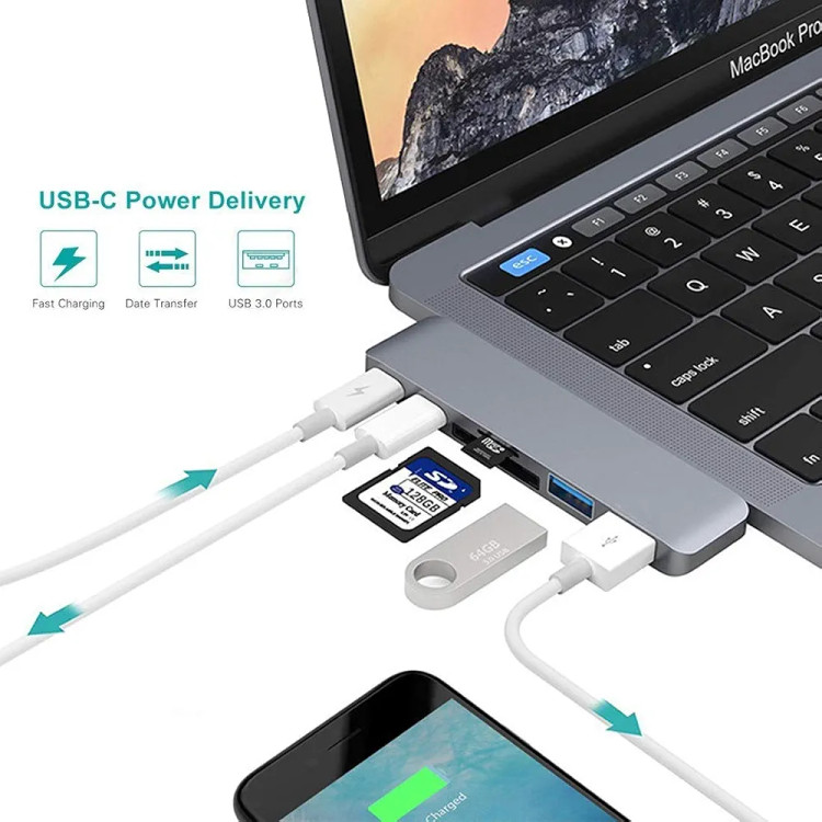 هاب USB هفت پورت QGT مدل 7در ۱ با بدنه آلومینیومی، HDMI، دو USB 3.0، دو USB-C و TF وSD