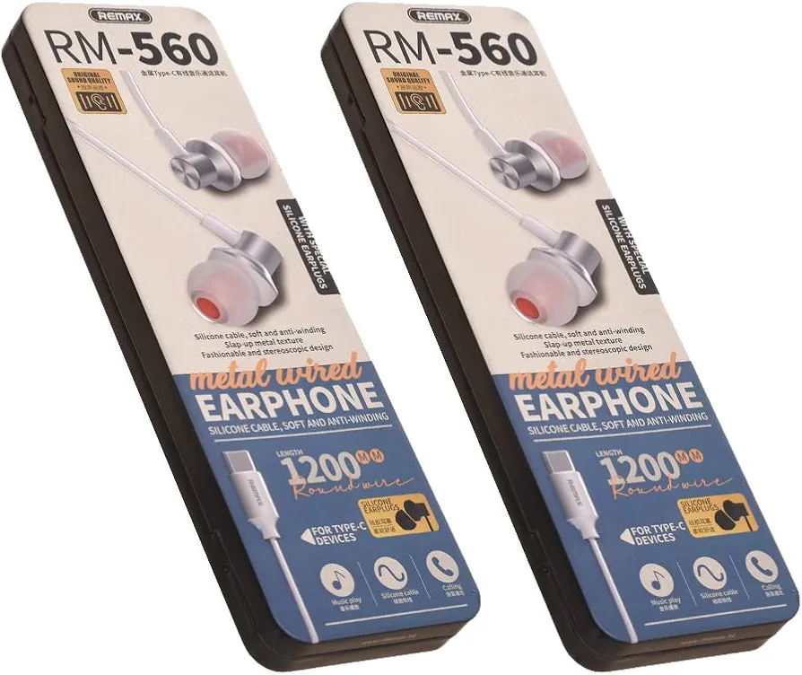 هندزفری سیمی ریمکس Remax RM-560 با میکروفون و درگاه Type-C، رنگ سفید – بسته ۲ عددی