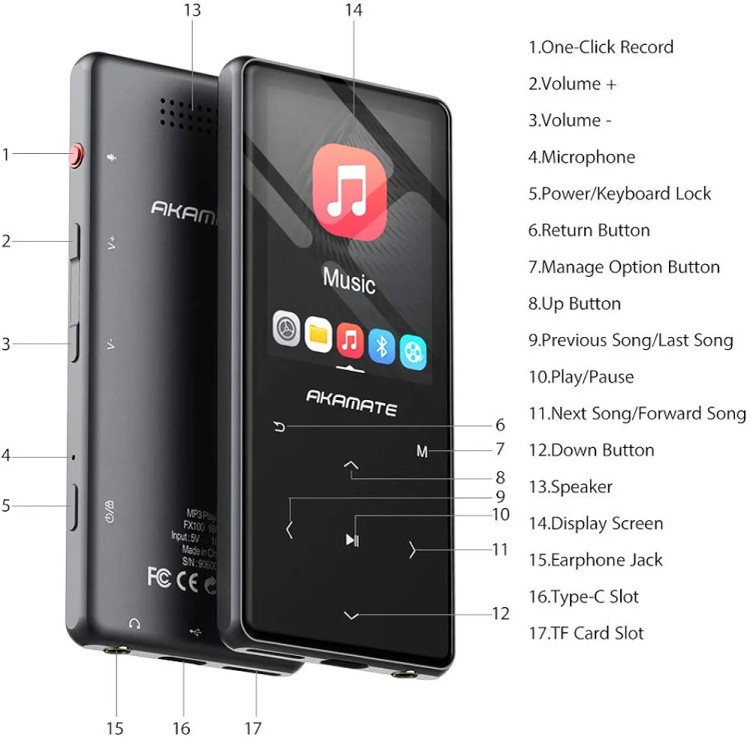 پخشکننده موسیقی MP3 با حافظه 16 گیگابایت، بلوتوث 4.2 و رادیو FM