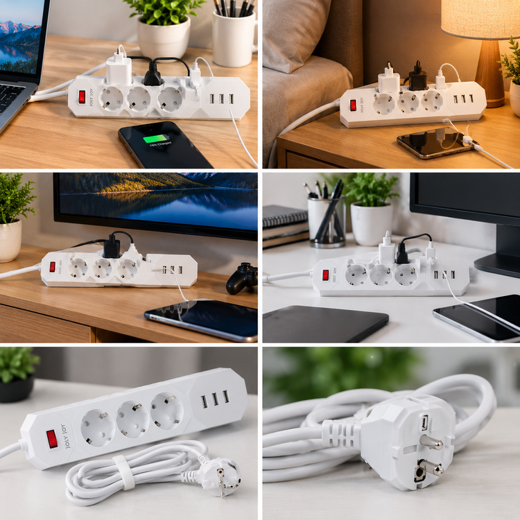 چندراهی برق ۳ خانه با ۳ پورت USB، محافظ ولتاژ و توان ۱۶ آمپر با کابل ۱.۸ متری