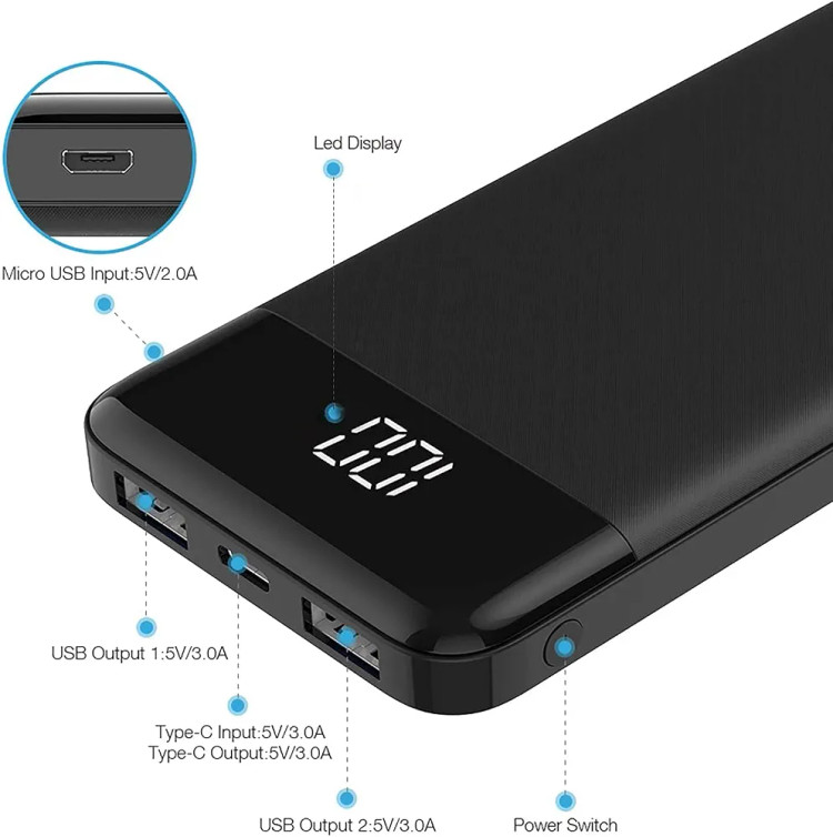پاوربانک Charmast مدل Ultra Slim ظرفیت 10400 میلیآمپر ساعت با شارژ سریع، USB-C، نمایشگر LED و ۳ خروجی