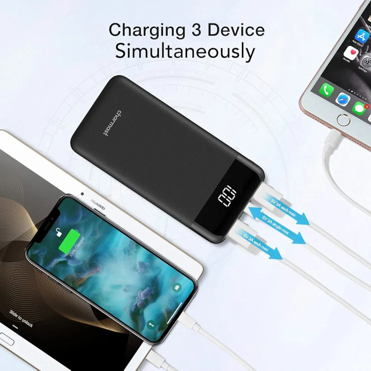 پاوربانک Charmast مدل Ultra Slim ظرفیت 10400 میلیآمپر ساعت با شارژ سریع، USB-C، نمایشگر LED و ۳ خروجی