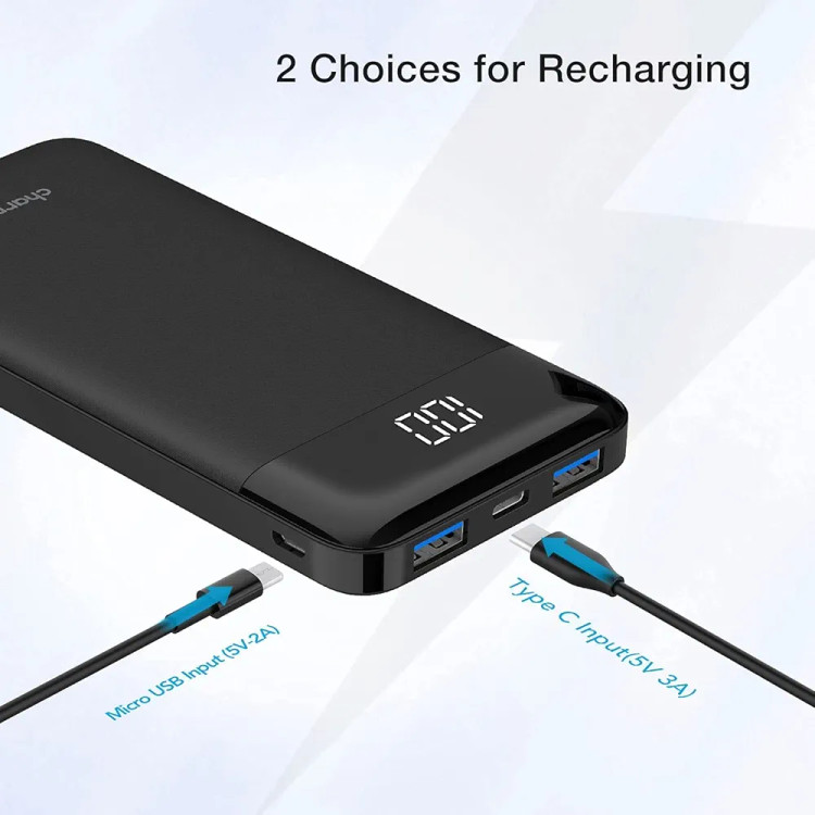 پاوربانک Charmast مدل Ultra Slim ظرفیت 10400 میلیآمپر ساعت با شارژ سریع، USB-C، نمایشگر LED و ۳ خروجی