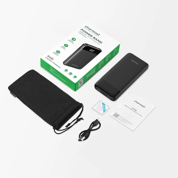 پاوربانک Charmast مدل Ultra Slim ظرفیت 10400 میلیآمپر ساعت با شارژ سریع، USB-C، نمایشگر LED و ۳ خروجی