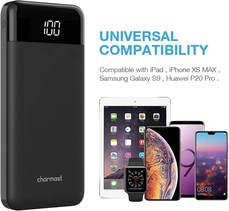 پاوربانک Charmast مدل Ultra Slim ظرفیت 10400 میلیآمپر ساعت با شارژ سریع، USB-C، نمایشگر LED و ۳ خروجی